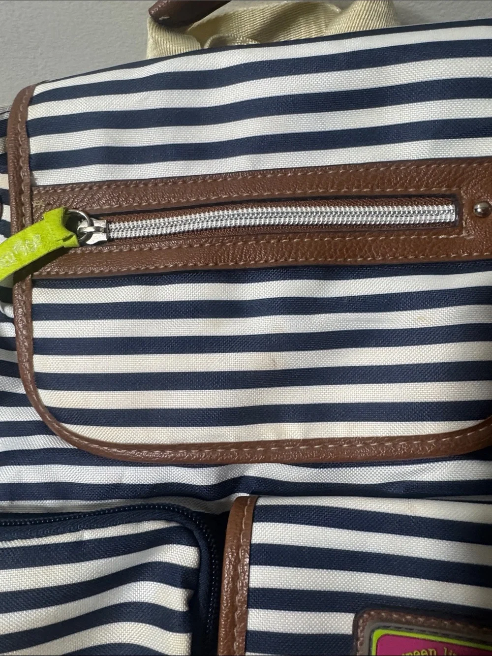 Lily Bloom Navy & White Striped Backpack with Brown Trim